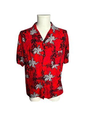 Vintage 90s Pineapple Connection Button Up Hawaiian Shirt M Red Tribal Pocket